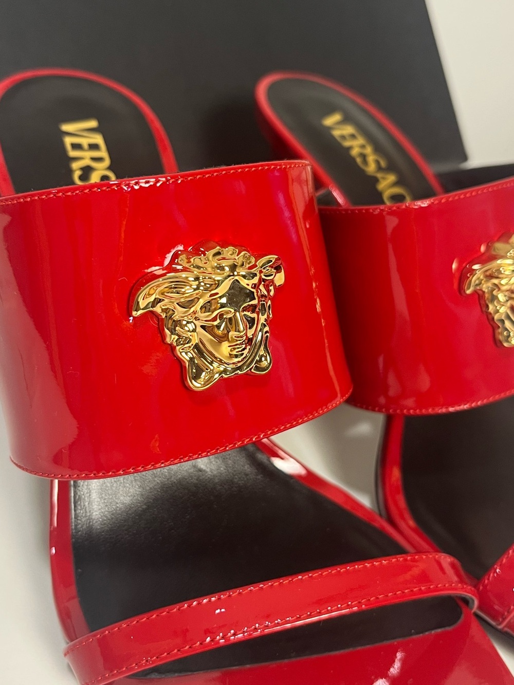 Versace Red Patent Leather Medusa Slip-On Mules with Gold Accent - Picture 3 of 8